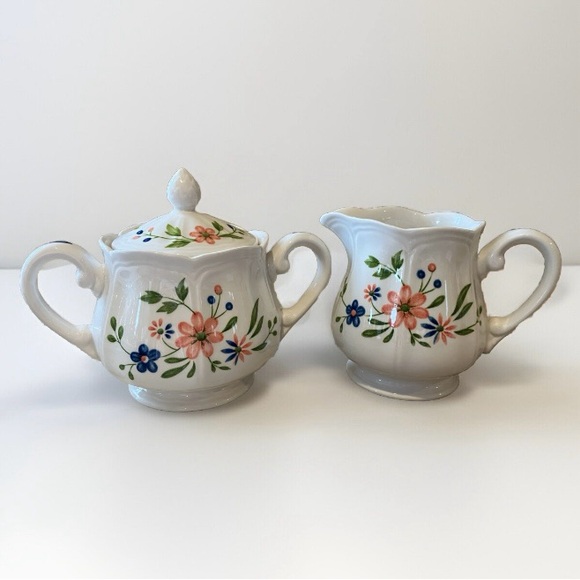 Vintage Retired Sears Country French Ironstone Sugar Bowl And Creamer Set Floral - Picture 1 of 15